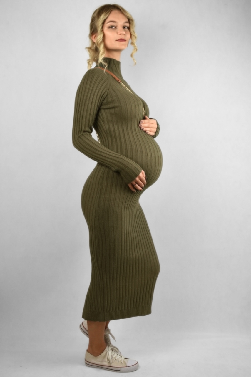 Khaki sukienka sweterkowa ciążowa długa